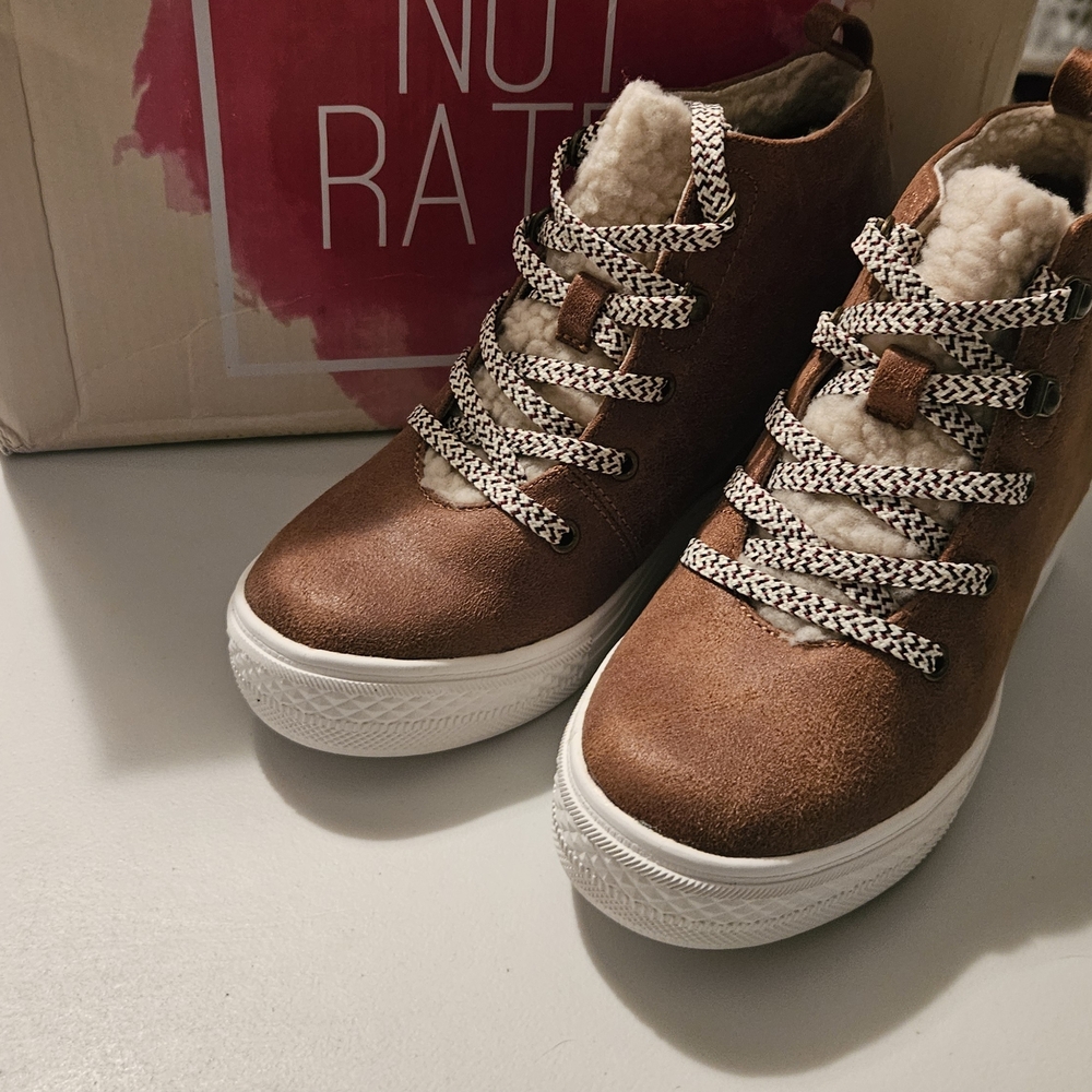 Not Rated. Faux-Shearling Brown Wedge Booties. Size 7